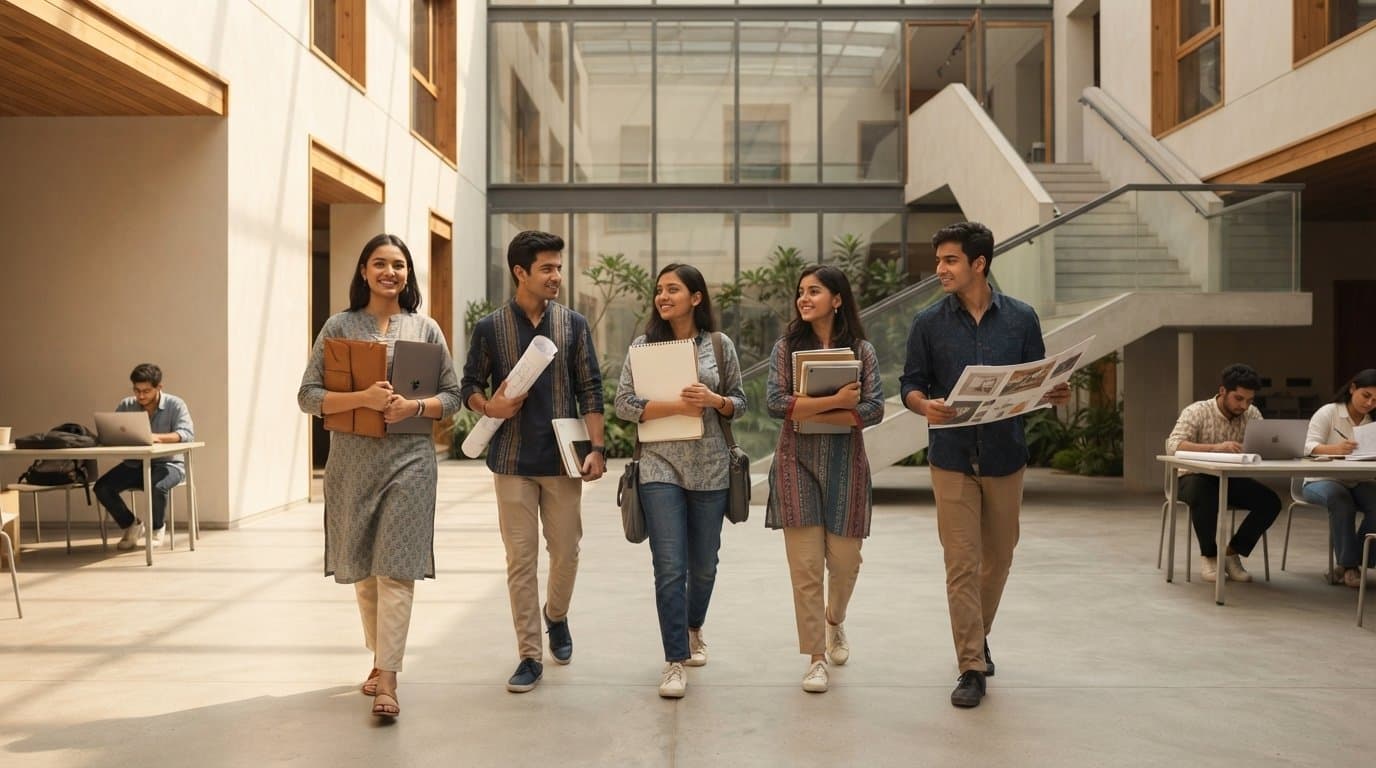 Students walking through the design campus
